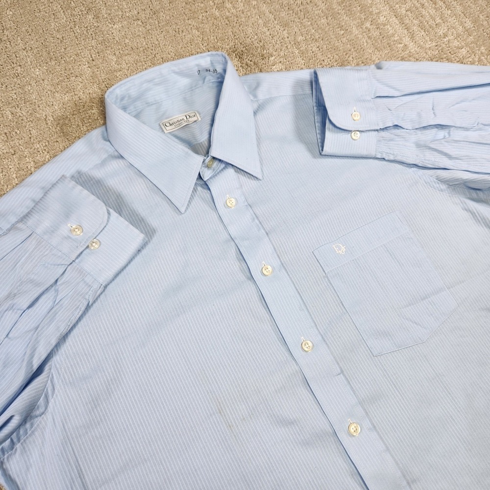Vintage 70s Christian Dior Shirt Men 17 Permanent Durable Press Blue Button Up